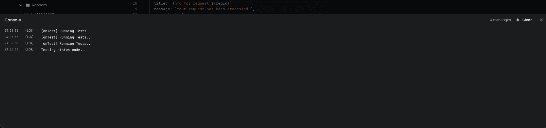 Console showing onTest calls being ignored