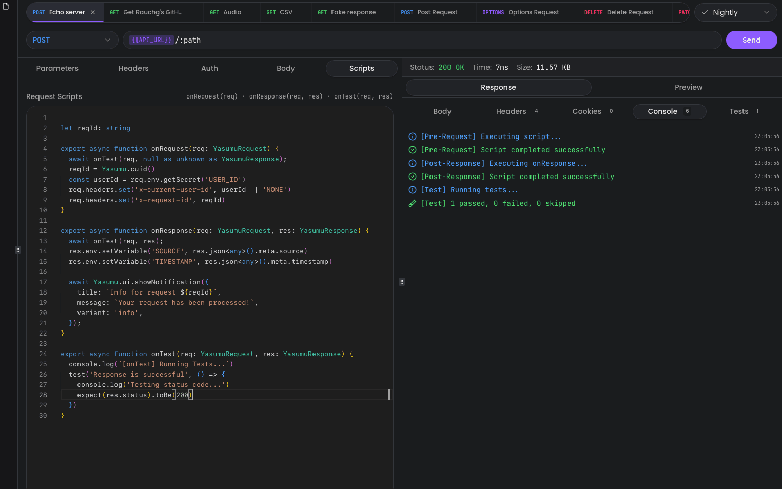 Console view with script execution logs